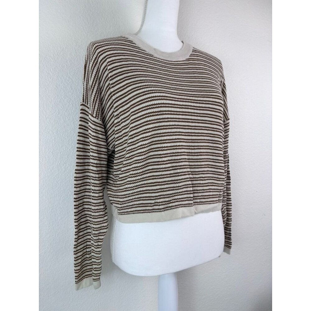 Miou Muse women's large brown tan striped cropped long sleeve knit sweater top